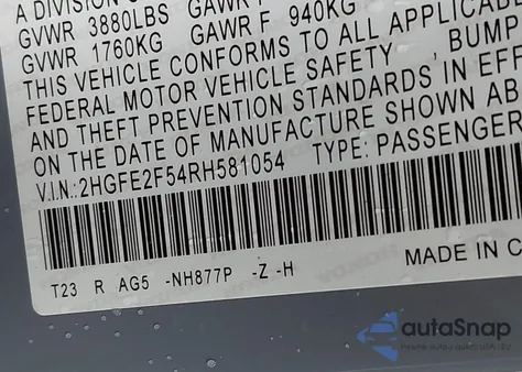 2024 Honda Civic Sport z USA, uszkodzony, nr VIN 2HGFE2F54RH581054